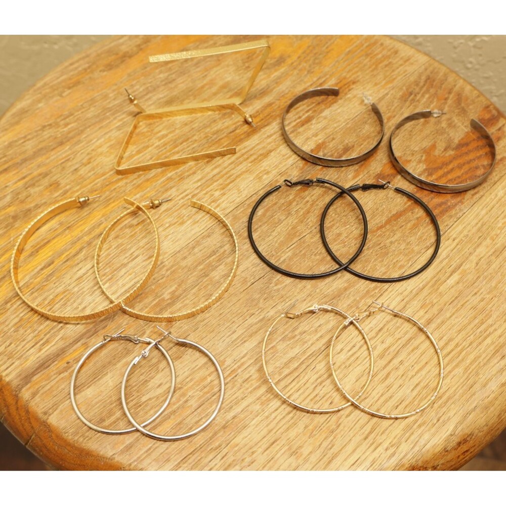 Hoop Earrings Lot 6 Pairs Gold Tone Silver Black Metal Textured Geometric Big